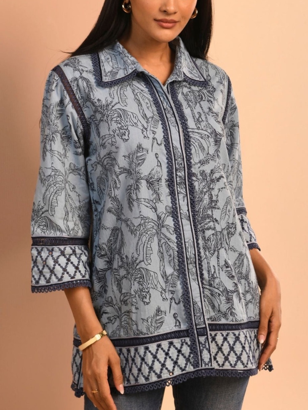 Botanical Print Light Blue Button Down